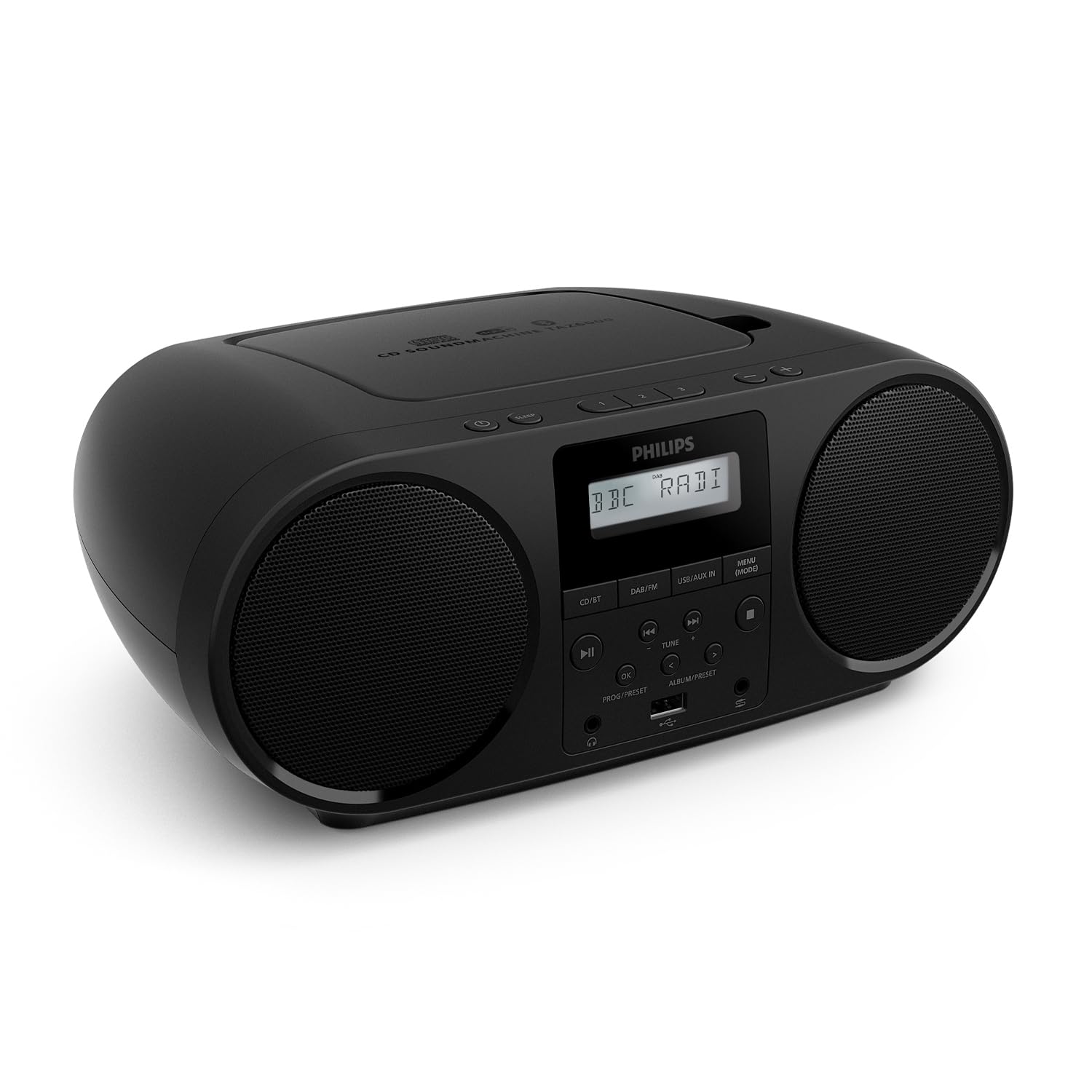 Philips TAZ6000 Lettore CD tutto in uno con radio DAB+/ FM, Bluetooth 5.4, USB, Alimentazione batteria/​CA, Bassi dinamici, Materiali riciclati e presa per le cuffie da 3,​5mm