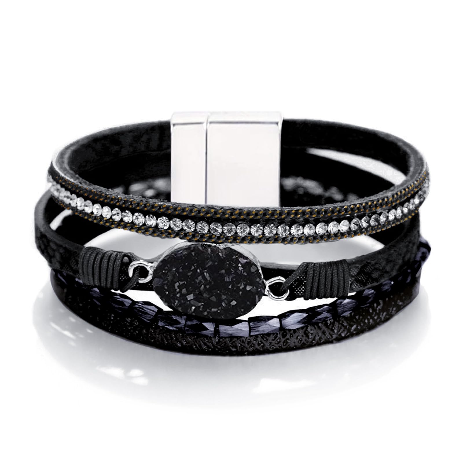 Fesciory Leopard Bracelet for Women, Boho Leather Wrap Multi-Layer Pearl Crystal Bracelet Bangle Jewelry