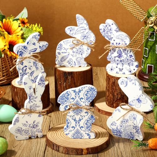 Beeveer 6 Pcs Easter Bunny Tabletop Chinoiserie Blue and White Wood Easter Bunny Decor with Rope Rabbit Shaped Wood Table Centerpieces Dining Room Decorations for Desk Office Tray Home