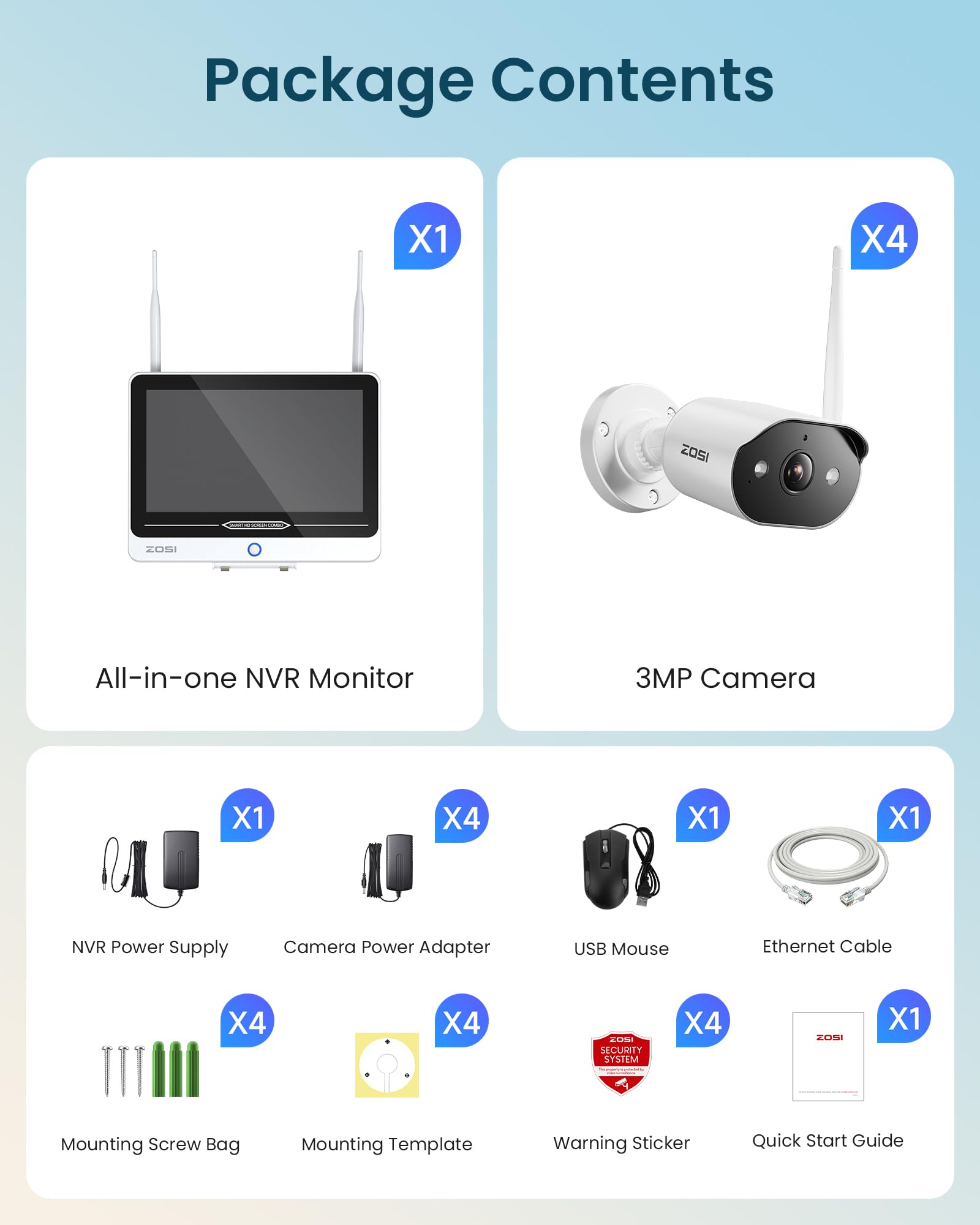 ZOSI Kit Cámaras de Vigilancia WiFi 6 Exterior 8CH 8MP Grabador NVR y 12'' Monitor 500GB HDD con 4X 3MP Cámara de Seguridad IP Inalámbrica, Detección de Persona, Visión Nocturna en Color