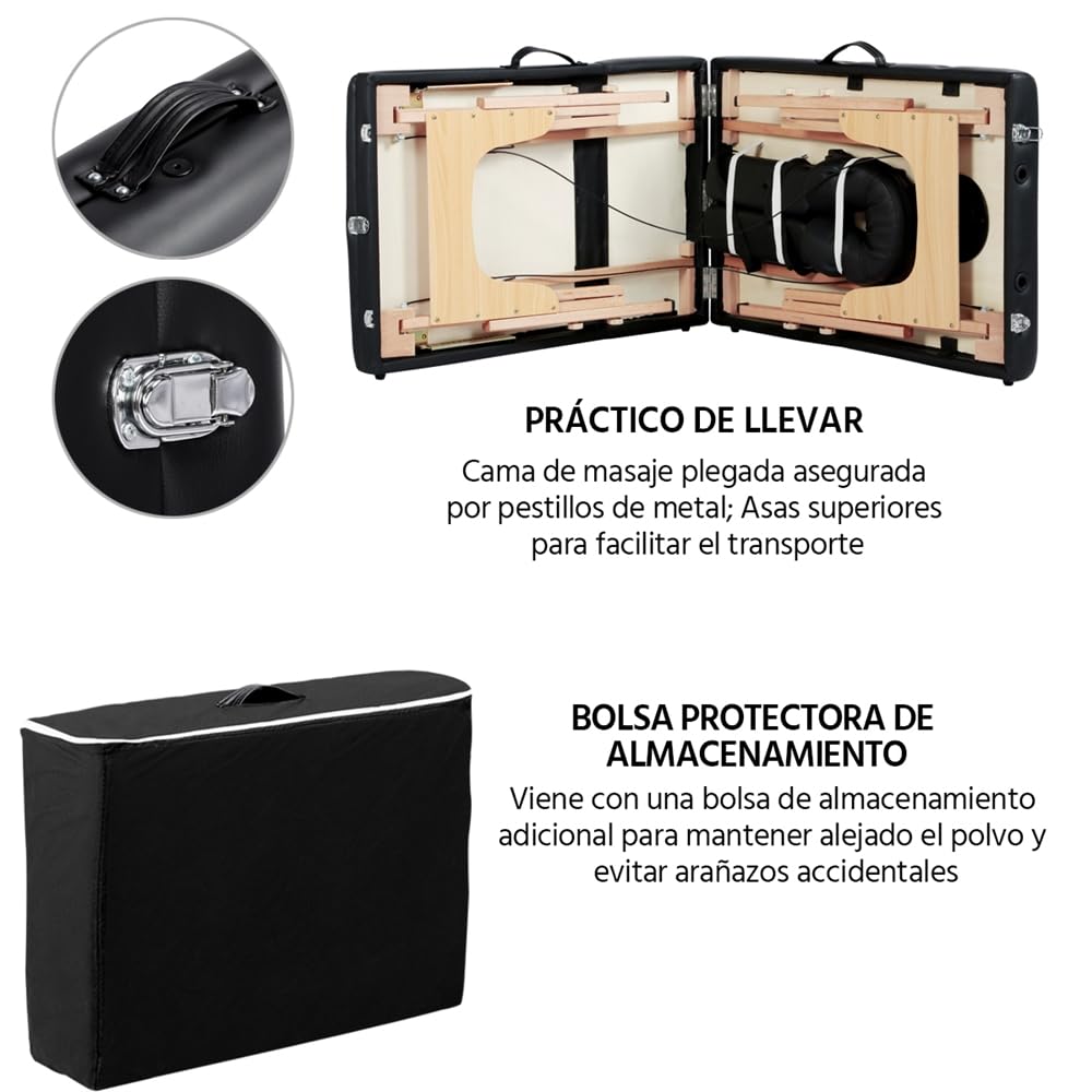 Yaheetech Camilla Masaje Plegable 3 Zonas Profesional Portátil Carga 250kg 213×82cm Altura Ajustable de Madera Haya para Belleza Tatuaje SPA con Bolsa de Transporte