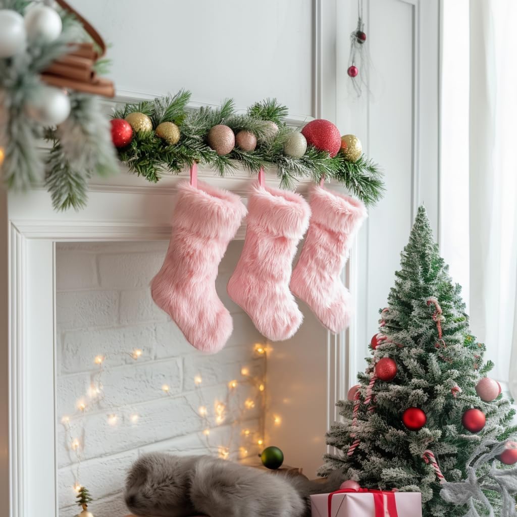 AOGU 3 Pack 19 Inch Pink Christmas Stockings Faux Fur Xmas Christmas Stockings Hanging Ornaments Candy Gift Bags for Christmas Decorations - Image 3