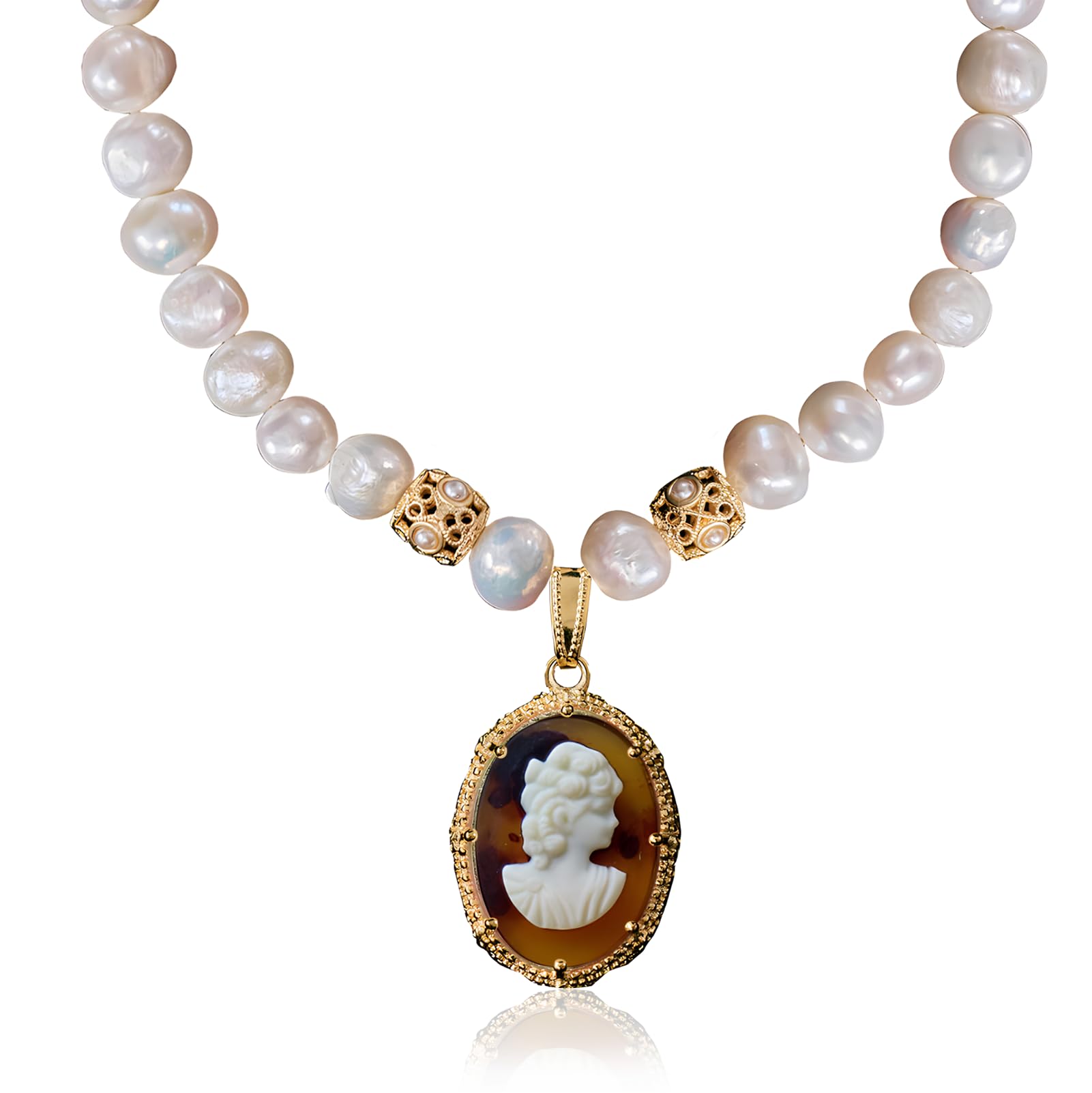 Cameo Silhouette Pendant Necklace Vintage for Womens 9-10mm Natural Baroque Pearl Strand 16" + 2.5" Extender