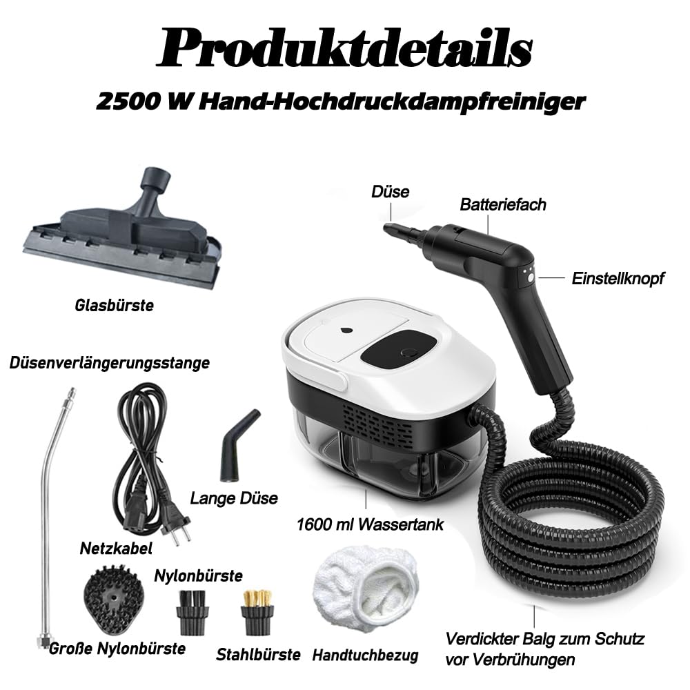 Handdampfreiniger mit 1600ML Wassertank Griff dreistufige Einstellung Hochdruck Klein Tragbarer Dampfreiniger mit 9 Zubehörteilen für Fenster, Küche, Boden, Alles