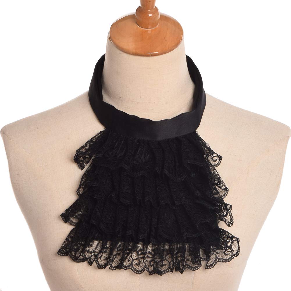 BLESSUME Zwarte Kanten Jabot Manchetten Victoriaanse Kostuum Accessoires, Kleine Zwarte Jabot Manchetten Set