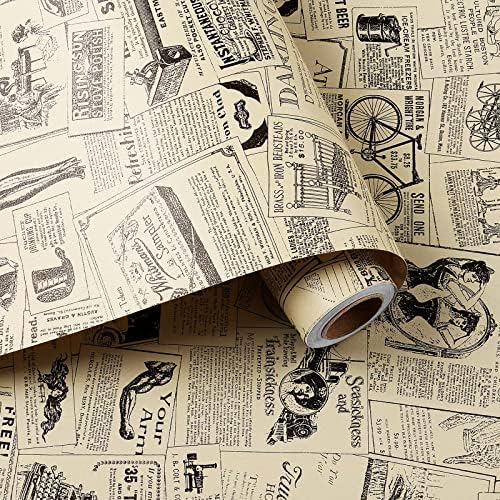 HelloWall 17.71"x78.7" Vintage Wallpaper Peel and Stick Yellow Newspaper Wallpaper Self Adhesive Contact Paper Vintage Removable Wallpaper Roll for Renters Decorate Closet Locker Cabinets Drawer Liner