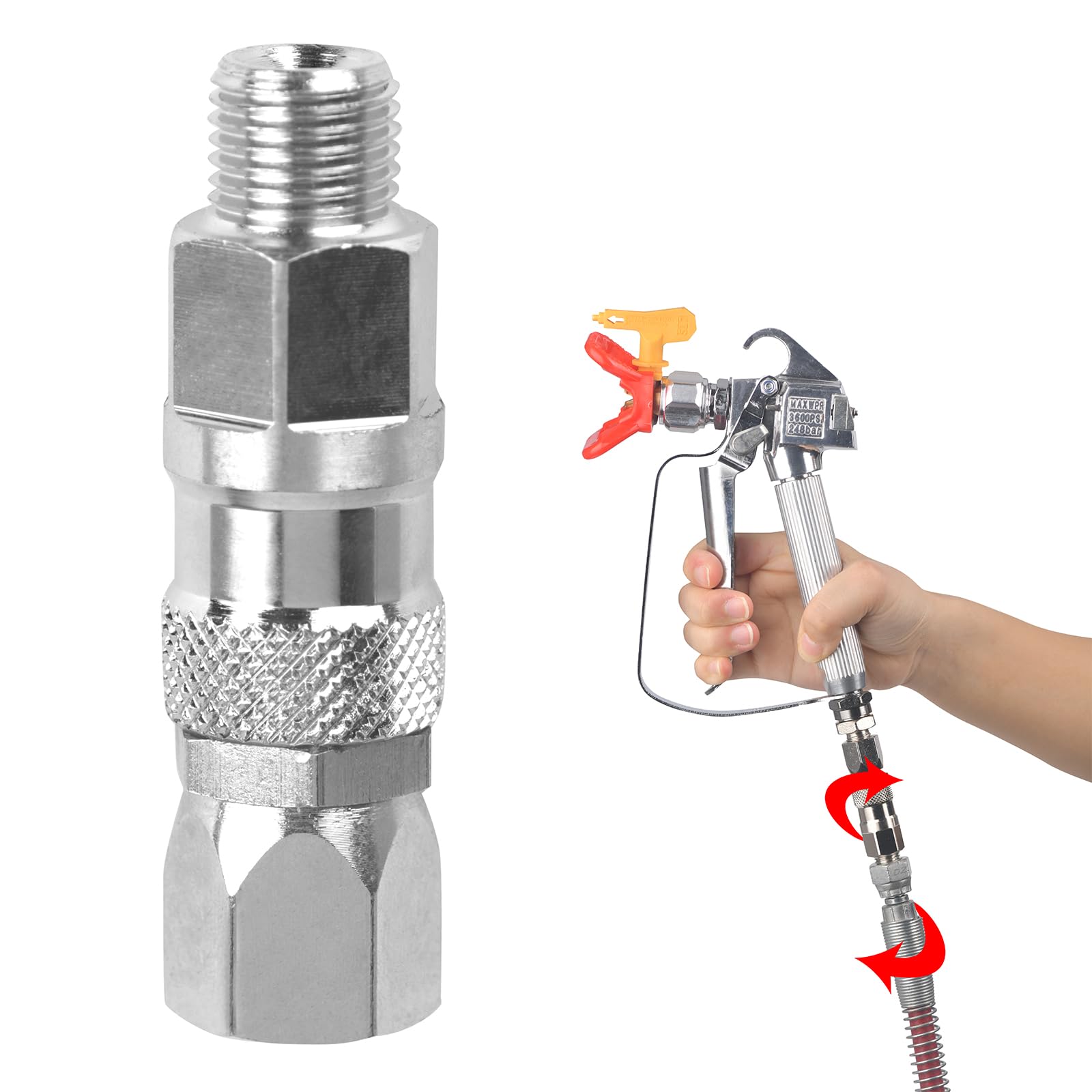 DUSICHINAirless Spray Gun Swivel Joint 1/4-Inch 360 Degrees Rotate High Pressure Spray Gun Hose Stainless Steel Swivel Joint Connector Accessories for Graco Paint Sprayers Hose