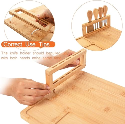 Miniatura 3 de Tablas de charcutería, juego de tablas de queso de bambú, juego de tablas de queso y cuchillos pequeños de primera calidad, bandeja de queso, plato