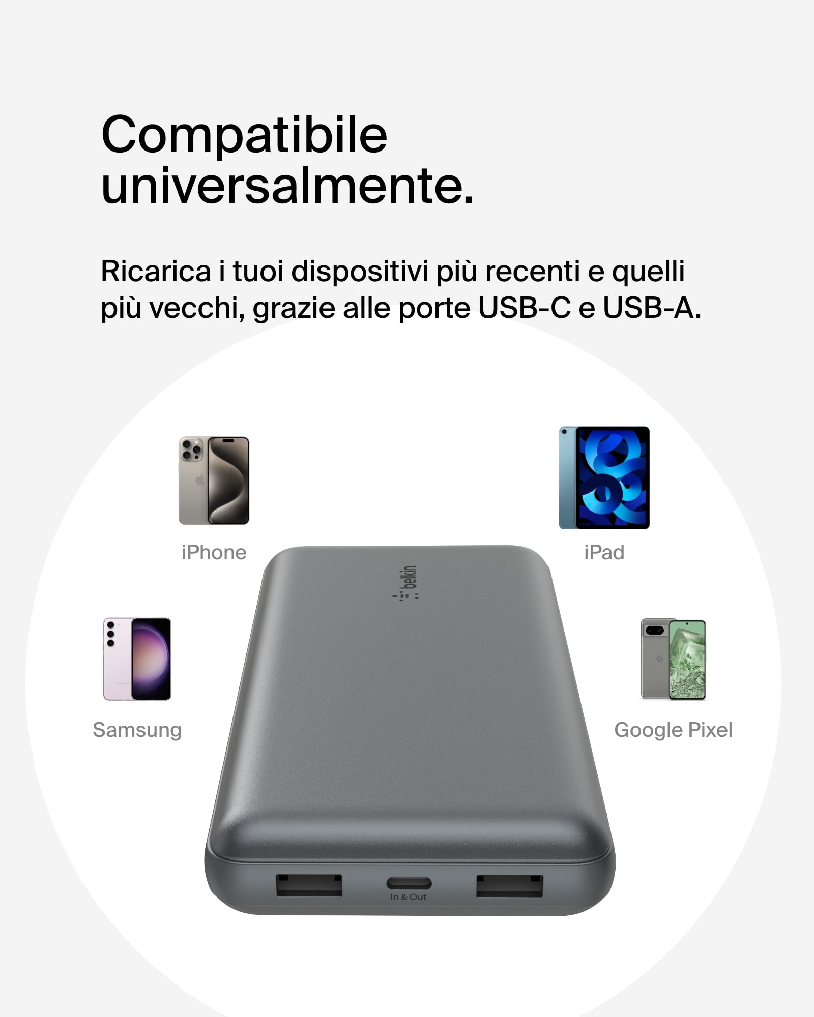 Belkin Caricabatterie portatile USB-C 20K, power bank 20000mAh con ingresso/uscita Type-C, 2 porte USB-A e cavo da USB-C a USB-A incluso per iPhone, Galaxy, iPad, Pixel, AirPods - Grigio siderale