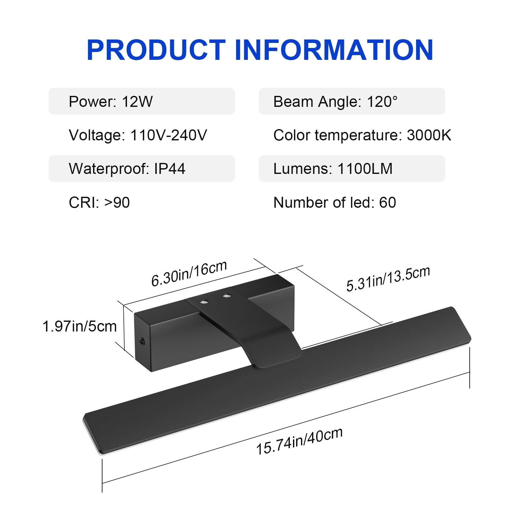 Klighten Spiegelleuchte Bad LED 40cm 12W, Spiegellampe Bad IP44, Badezimmer Lampe Wand Aluminium Badleuchte Badlampe Wand, 60 LEDs, 1100 Lumen, Warmweiß 3000K, Schwarz