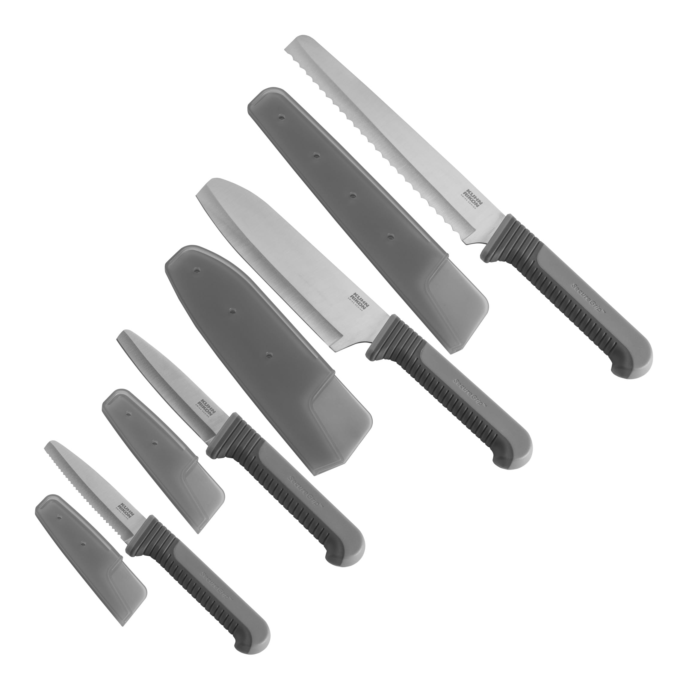 Kuhn Rikon Knife Set, 4-Piece Kitchen Knives for Chopping, Slicing, Peeling & Bread Cutting, Chef’s, Bread, Utility & Serrated Paring Knives, Safety Grip Handles & Blade Sheaths - SecureGrip