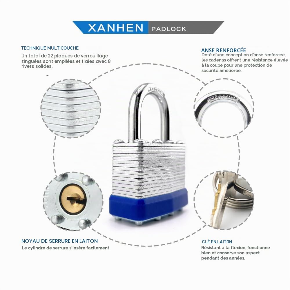 Lot de 6 cadenas à clés identiques en acier laminé avec anse normale, pour loquet à moraillon, abris de jardin, clôtures, casier de rangement, école, salle de sport