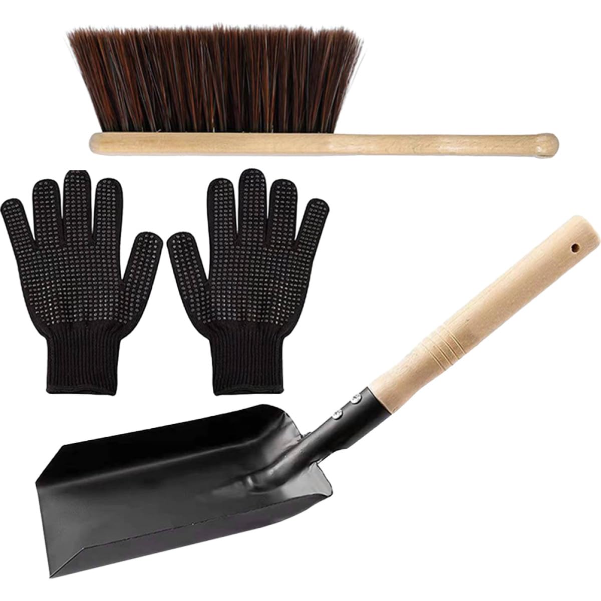 Homoyoyo Set Paletta per Cenere e Scopa per Riscaldamento in Acciaio al Carbonio Manico in Legno Guanti Resistenti al Calore per Pulizia Domestica Kit Compatto e Portatile per