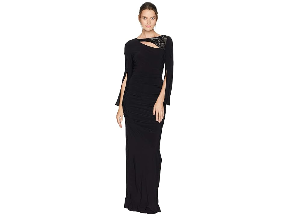 

Adrianna Papell Long Sleeve Stretch Jersey Gown with Slit Sleeve and Beaded Neckline Detail (Black) Women's Dress