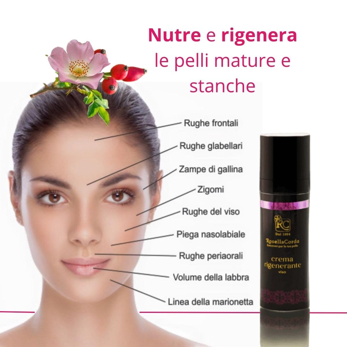 Crema Viso Rigenerante RC Antirughe Pelli Mature con Rosa Canina, Retinolo, Vitamina C, Acido Ialuronico e Coenzima Q10-30 ml | Anti Età e Idratante