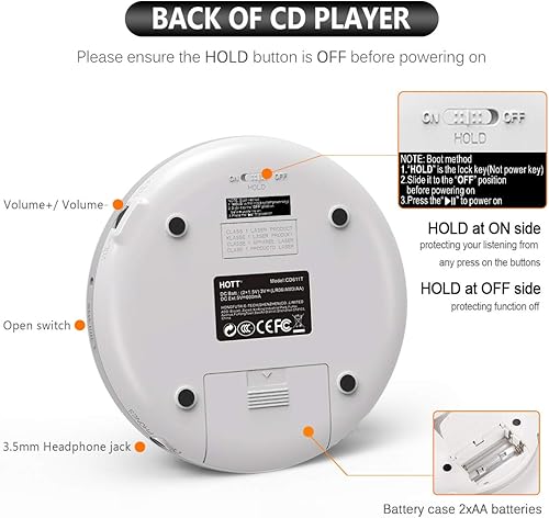 Miniatura 3 de HOTT CD611T Reproductor de CD Bluetooth V5.0 portátil con auriculares estéreo Cable USB a prueba de golpes Walkman Reproductor de CD personal