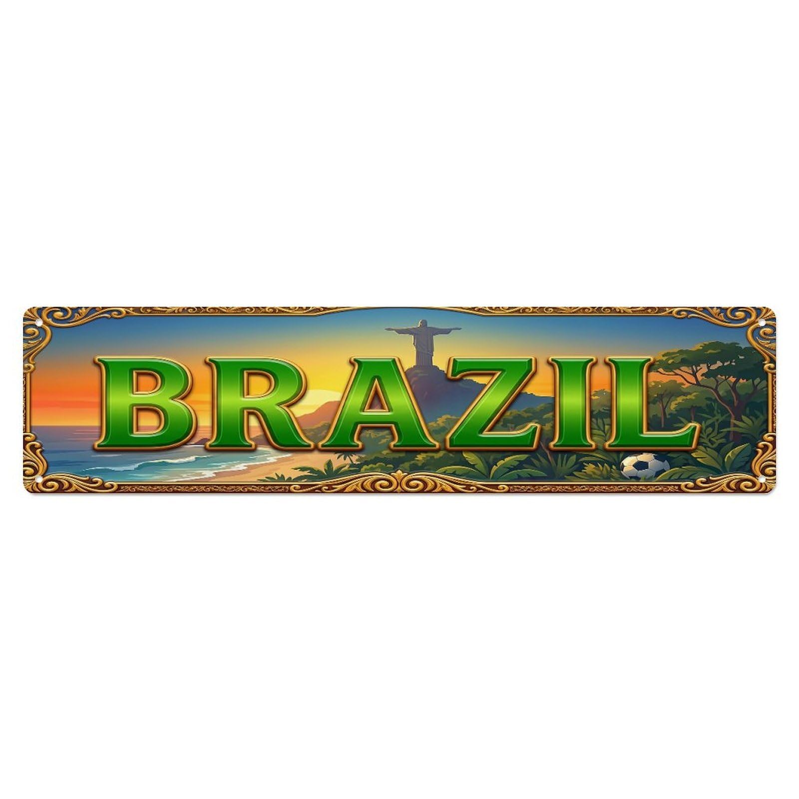 Olhnbad 4X16inch(10X40cm) Vintage Brazil Flag Travel Pattern Metal Tin Sign