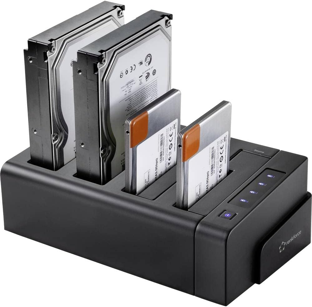 Renkforce Hard Drive Copy Station with two 3.5-inch hard drives and two 2.5-inch hard drives inserted into the bays.