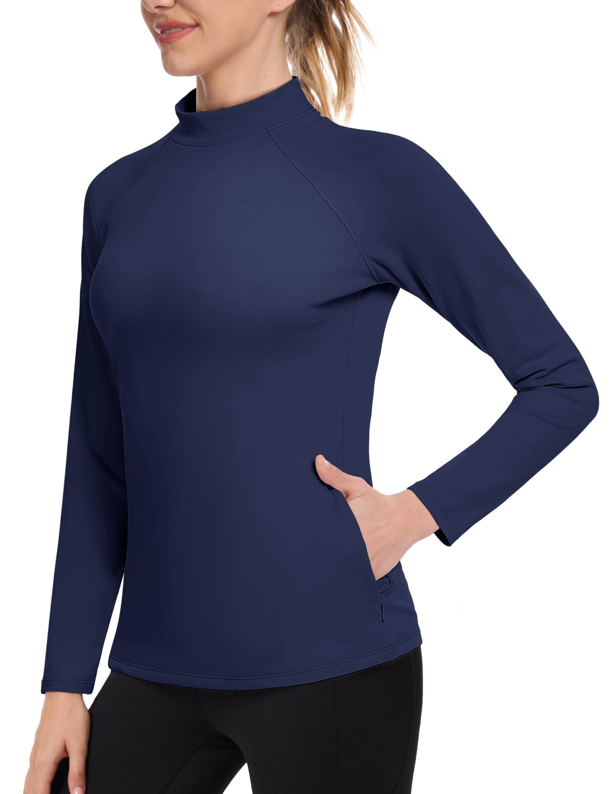 MAGCOMSEN Thermal Underwear for Women Warm Long Sleeve Shirts Fleece Mock Neck Athletic Tops Base Layer Cold Weather Navy