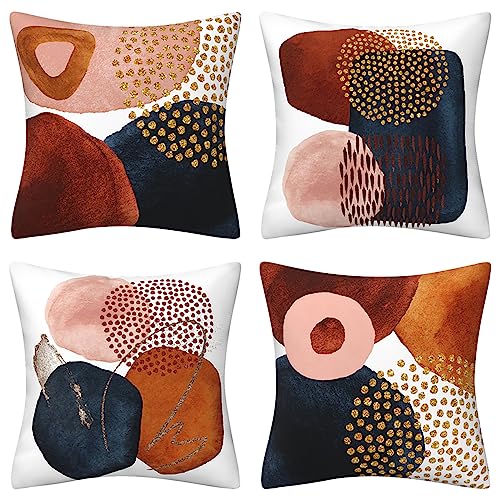 Drmstow DL Abstract Boho Throw Pillow Covers 18X18 Set Of 4 Mid Century Modern Aesthetic Navy Blue Burnt Orange Pillow Cushion Covers Geometric Minimalist Art Decor For Couch Bed Home Decor cover