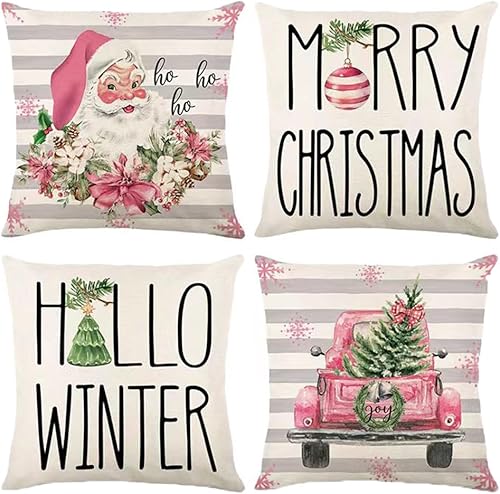 HOOLRO 4 fundas de almohada familiares de Navidad de 18 x 18 pulgadas, fundas de almohada de Navidad rosa con texto en inglés "Merry Winter", fundas
