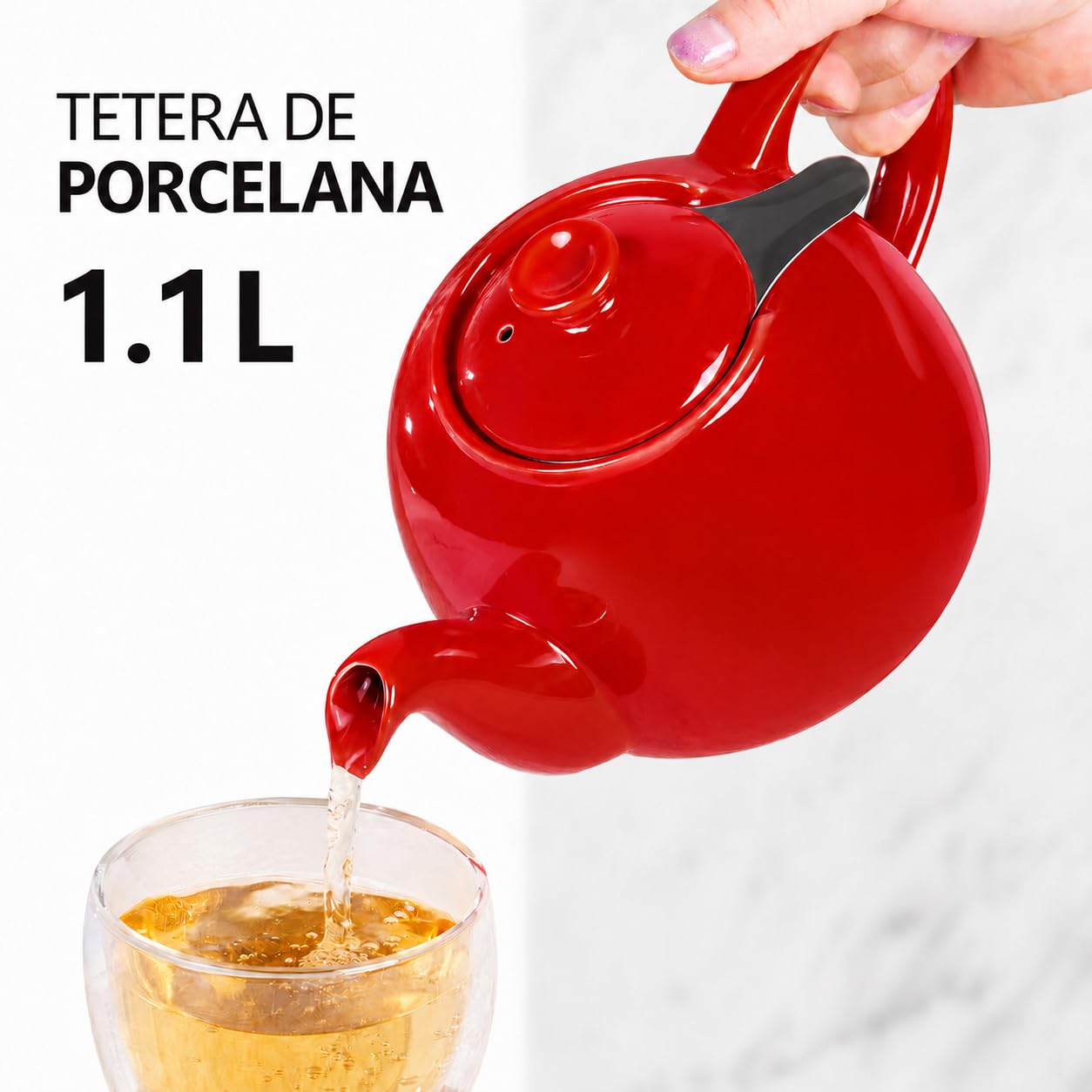 URBAN LIFESTYLE Tetera de porcelana con infusor de acero inoxidable, 1,1 L (5 tazas), tetera sin goteo para té a granel y bolsitas, modelo Swansea verde mar (Rojo)