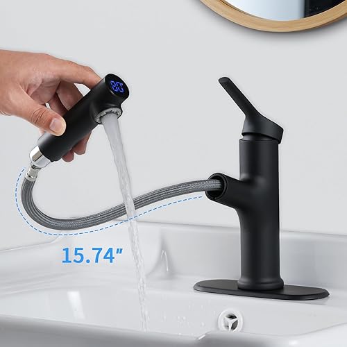 Miniatura 3 de VXV Grifo de lavabo de baño con rociador extraíble, pantalla digital LED, mango único, acero inoxidable con mini barra de preparación para 3 o 1