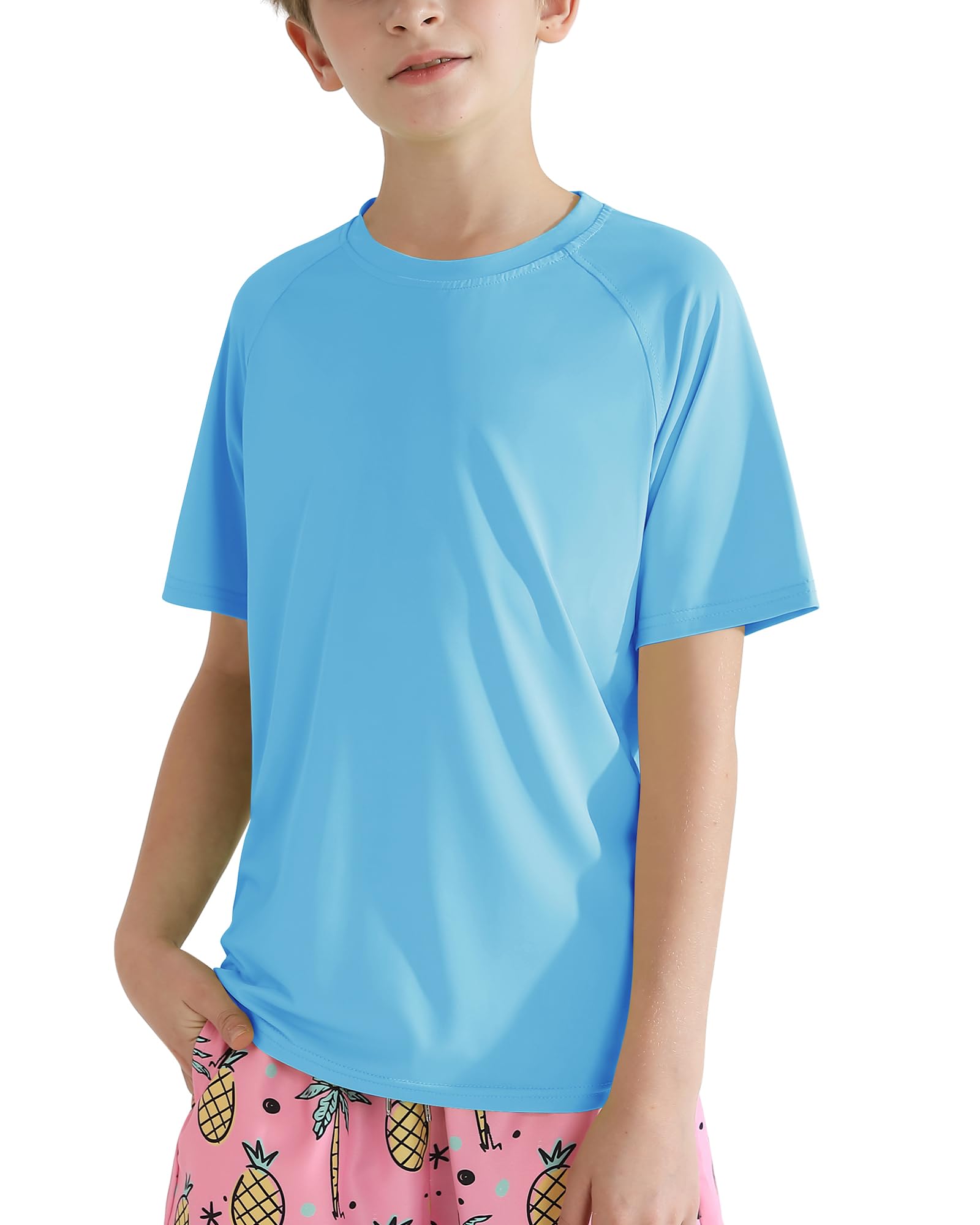 Hotfiary Boys Short Sleeve Rash Guard UPF50+ Swim Shirt Quick Dry Water Sun Neon Athletic Shirts for Girls Kids Youth 5-14 Y