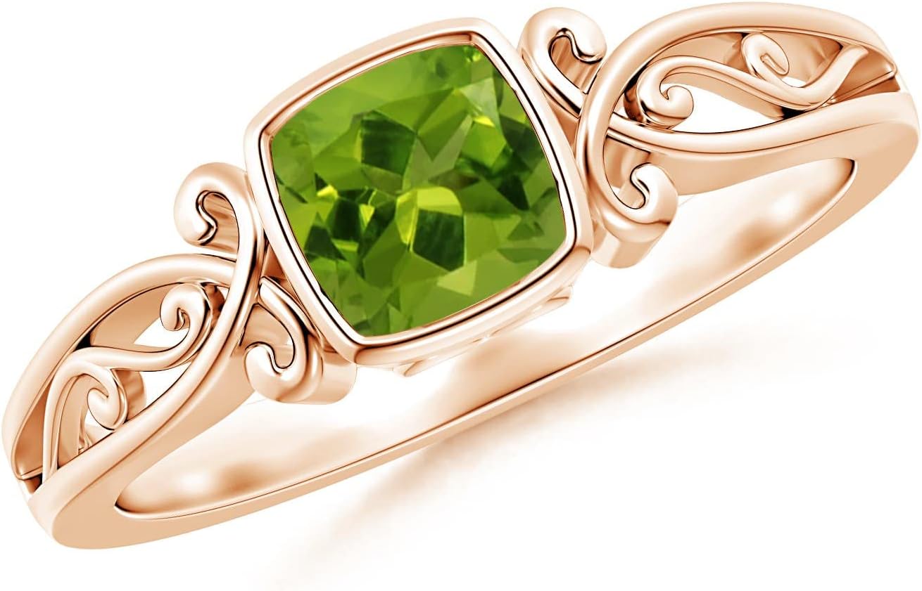 Angara Natural Peridot Solitaire Ring for Women | Cushion-Cut Peridot Solitaire Ring in 14K Solid Gold | August Birthday, Anniversary, Gemstone Jewellery Gift