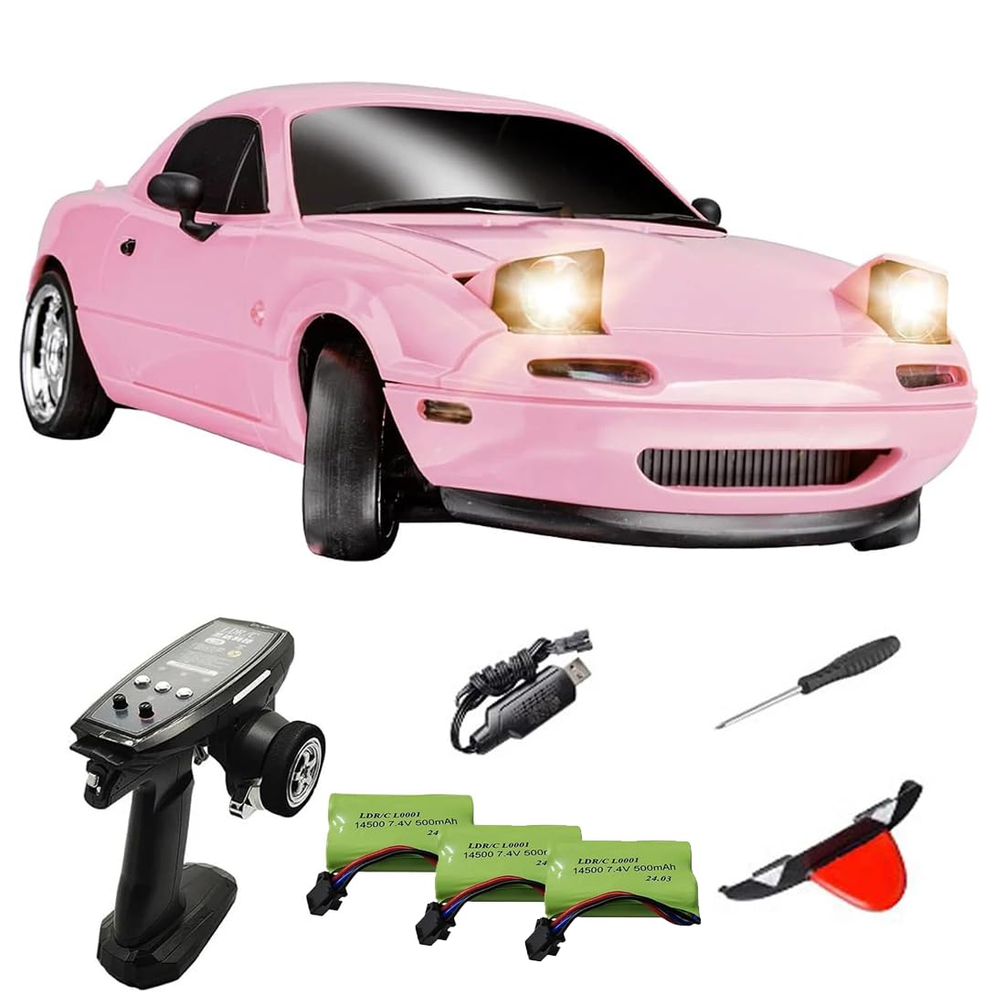 LDRC 1804 Pro RC Drift Car Model with Gyro, 1/18 Scale RWD Full Proportional Control RTR Mini Racing Drift Car for Adult, Alloy Body Shell - 3 Battery