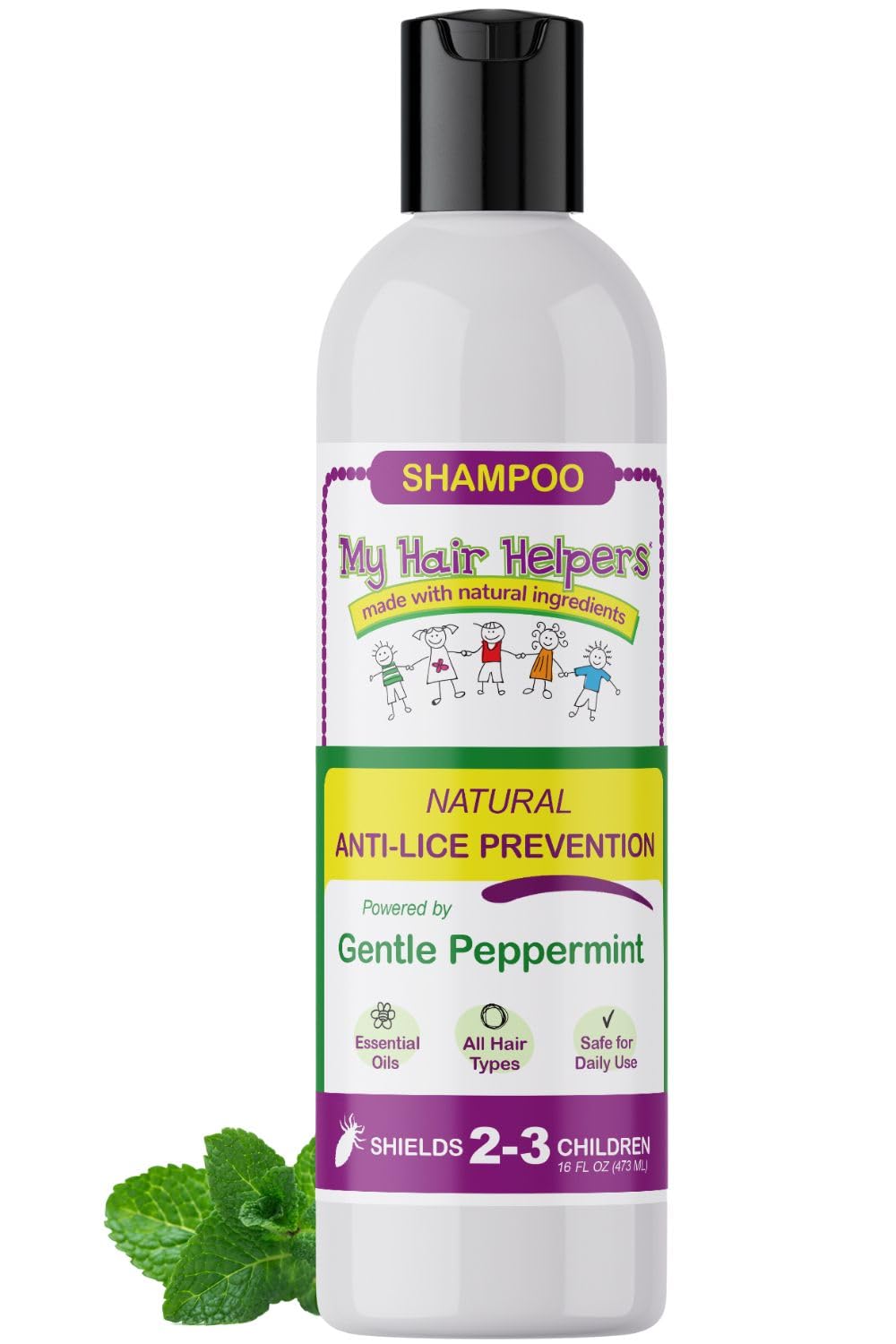 My Hair Helpers Anti Lice Prevention Shampoo, Peppermint, Neem, Rosemary, Daily Defense, Sulfate-Free, 16 Ounces, Works on 2-3 Kids