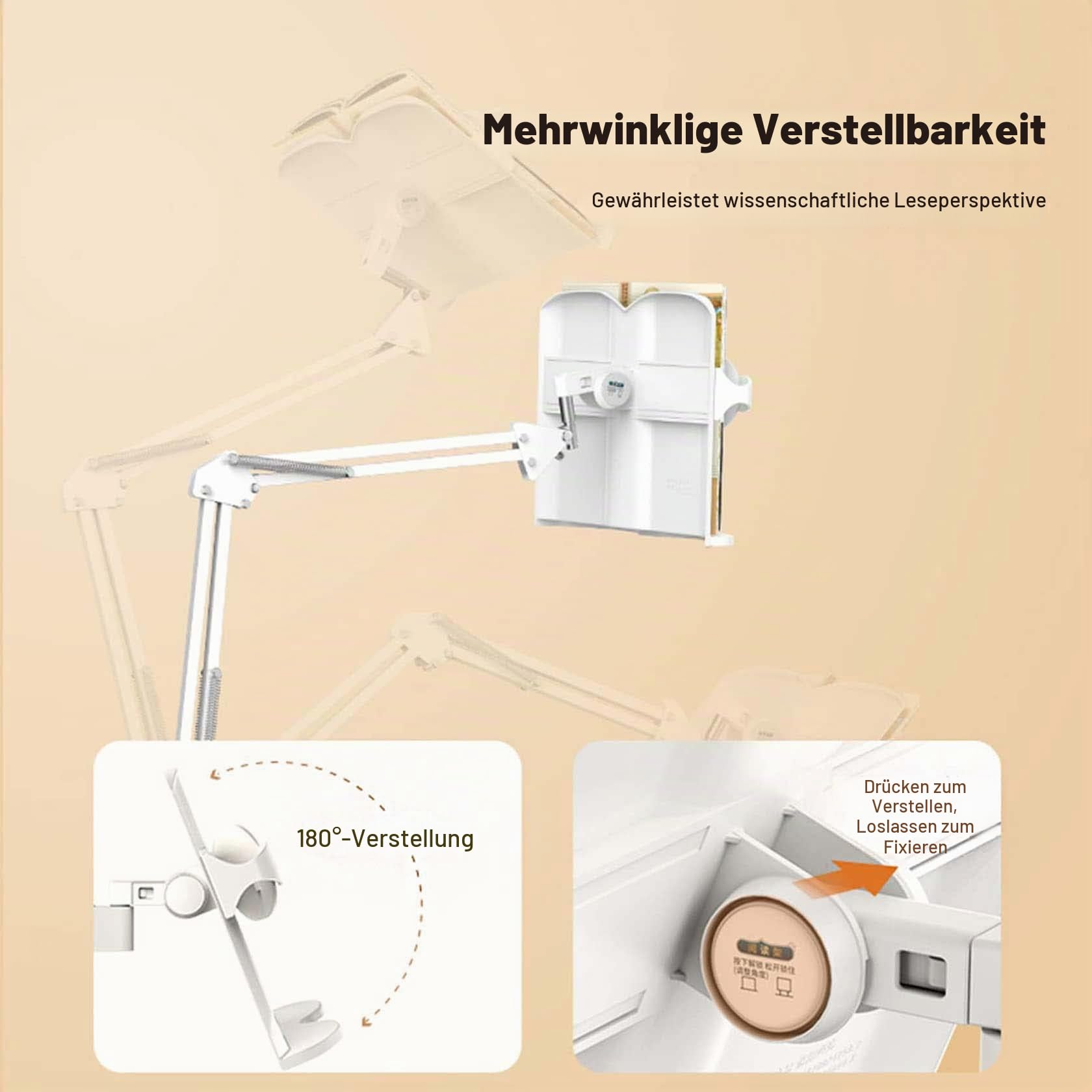 Leseständer Buchhalter für Bett Ergonomischer höhen- und winkelverstellbarer Buchhalter zum Lesen im Bett mit Seitenklammern Bodenständer für Buchständer cremefarben