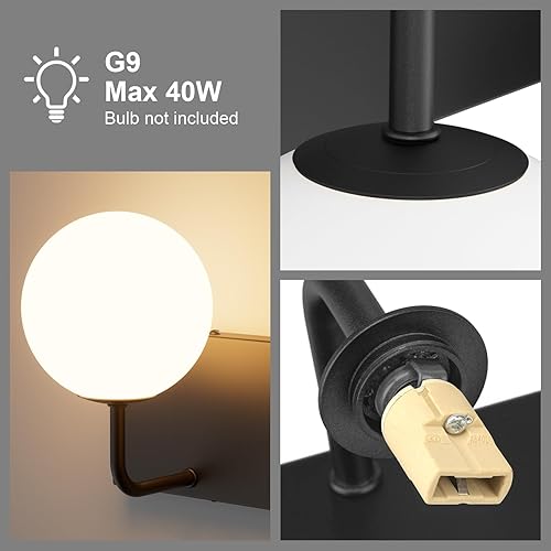 Miniatura 8 de Tipace Lámpara de tocador negra, 2 luces modernas sobre espejo con globo blanco leche blanca para baño (excluye bombilla)