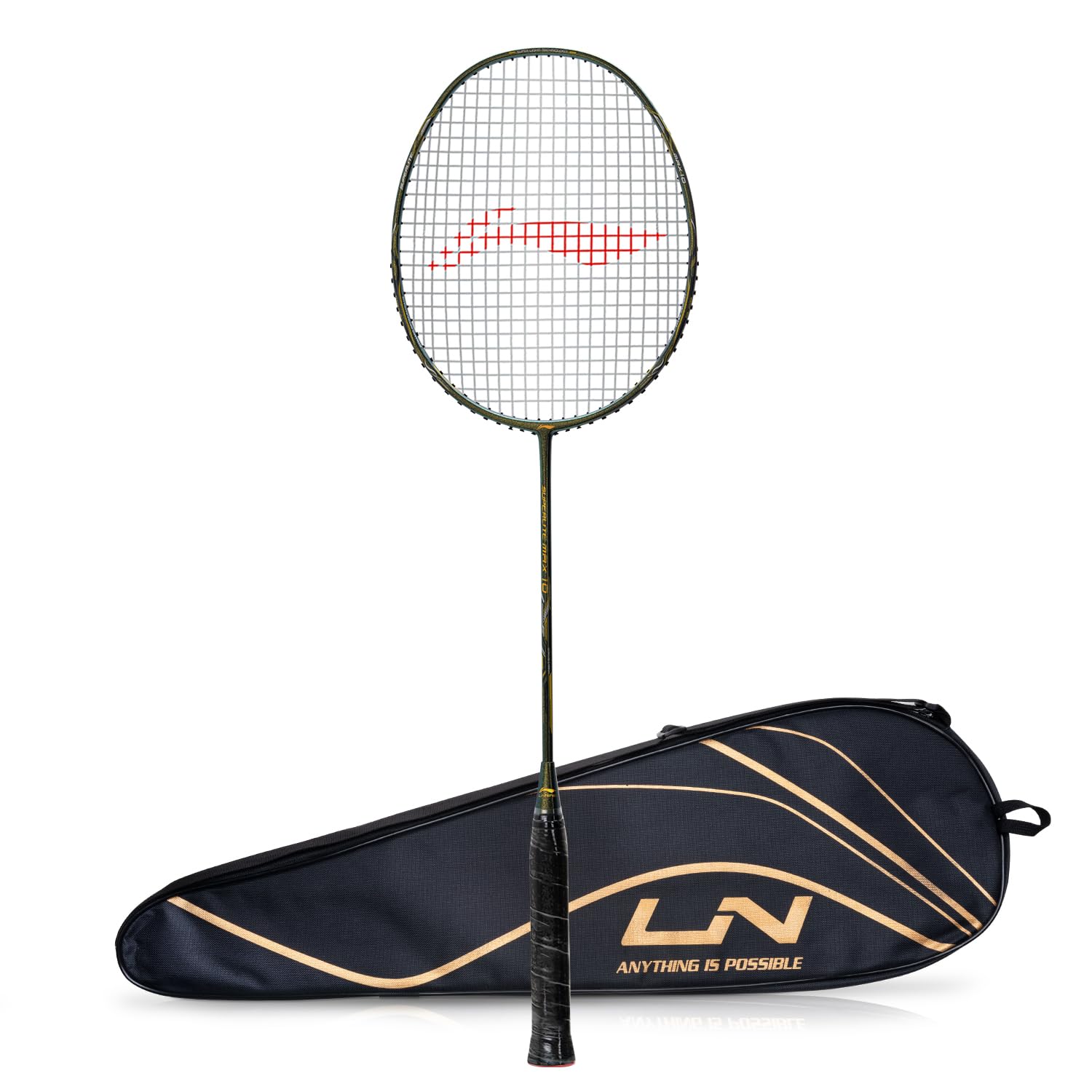 LI-NINGG-Force Superlite Max 10 Carbon Fibre Badminton Racket with Free Full Cover(80 Grams, 28 Lbs) (Emerald/Gold/Silver)