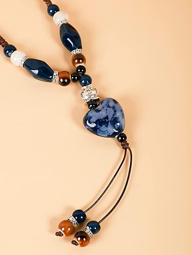 Vista 3 de MINACHI Boho Hippie Colorful Ceramic Heart Bead Strand Necklace, Bohemian Summer Statement Jewelry Gift for Women