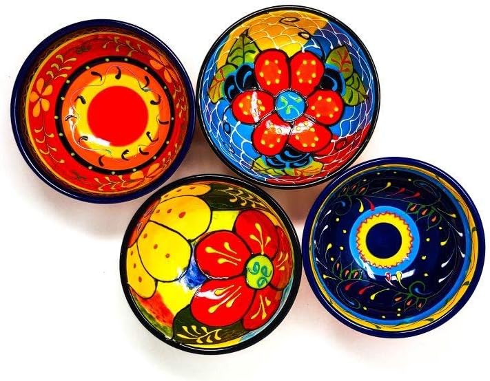 Hand Painted Set of 4 Small Assorted Bright Colourful Ceramic Spanish Tapas Serving Dipping