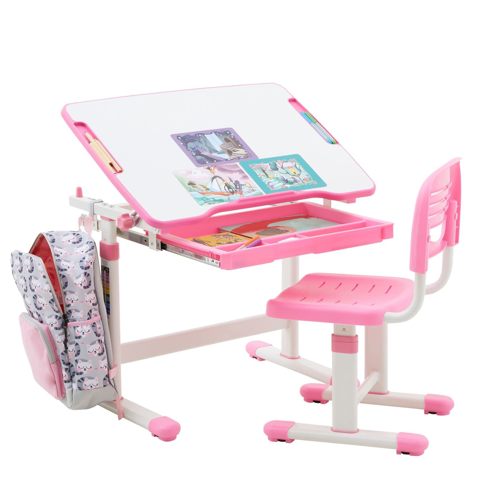 Kinderschreibtisch mit Stuhl TUTTO in weiß/rosa höhenverstellbar und neigbar mit Schublade und Stifterinne, Schreibtisch höhenverstellbar für Kinder, Tisch mit neigbarer Arbeitsfläche mit Rucksackhalt