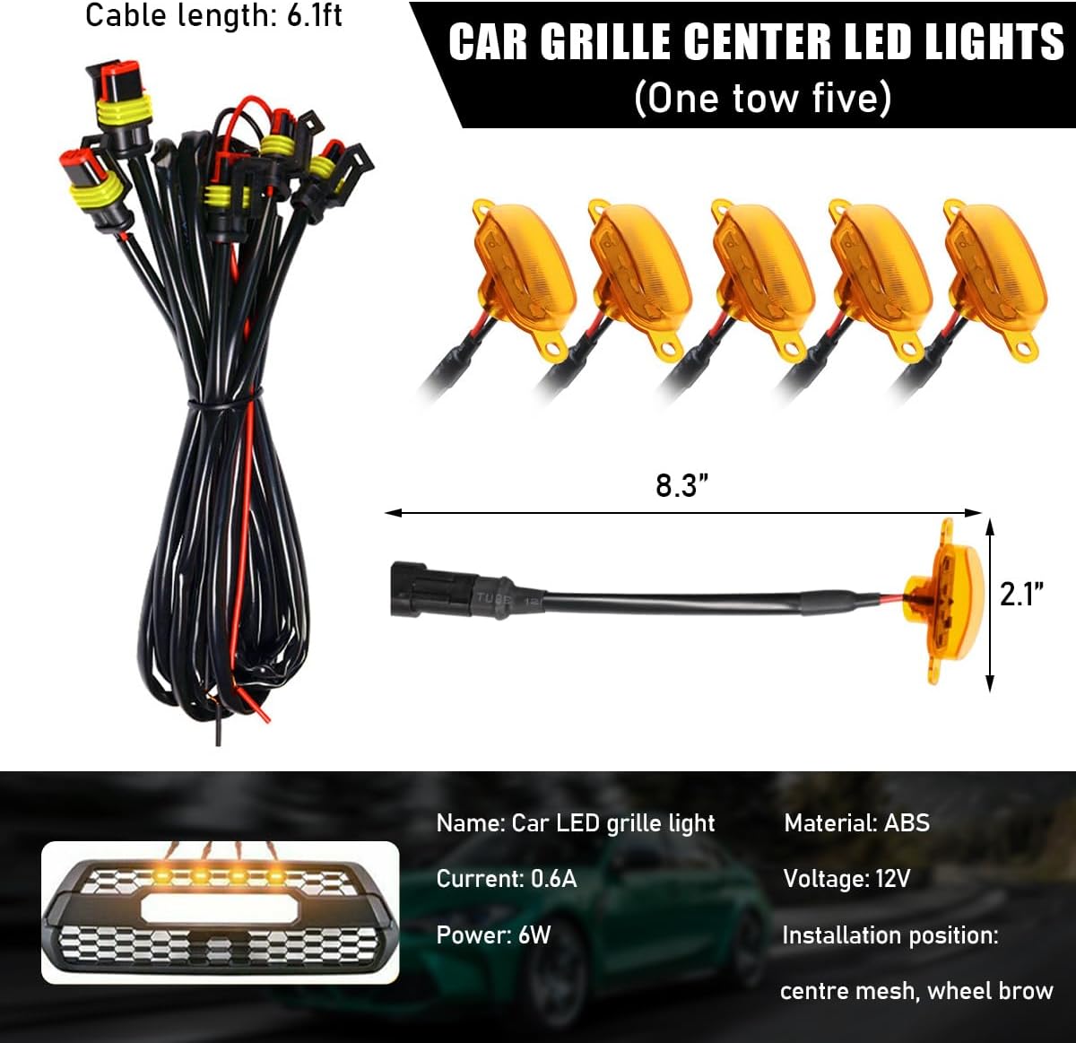 Ohleats 5PCS Car Front Grille Light, Bright LED Grill Lights with Wiring Harness, Waterproof Front Grille Decorative Lamps Compatible with F150 F250 F350, Exterior Car Accessories (Yellow&Yellow) image 2