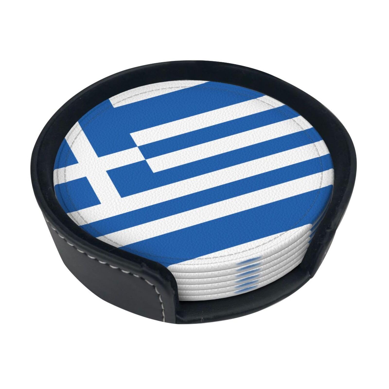 Greek Flag Printed Coaster Set, with Holders, 6 Pieces. Suitable for Dining Tables, Kitchen Decor, and Coffee Tables.