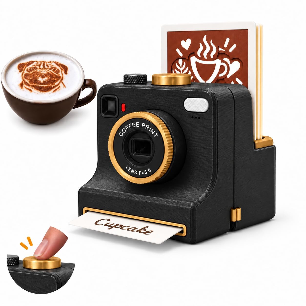 Coffee Printer, Mechanical Latte Art Stencil Camera with 4 Cards (Black)