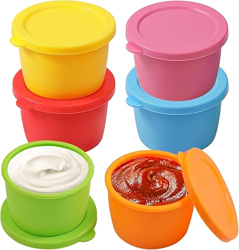 KOLUTI Recipiente de silicona antiadherente para aderezo de ensalada de 2.4 onzas, paquete de 6 cajas de almacenamiento de salsa pequeña para