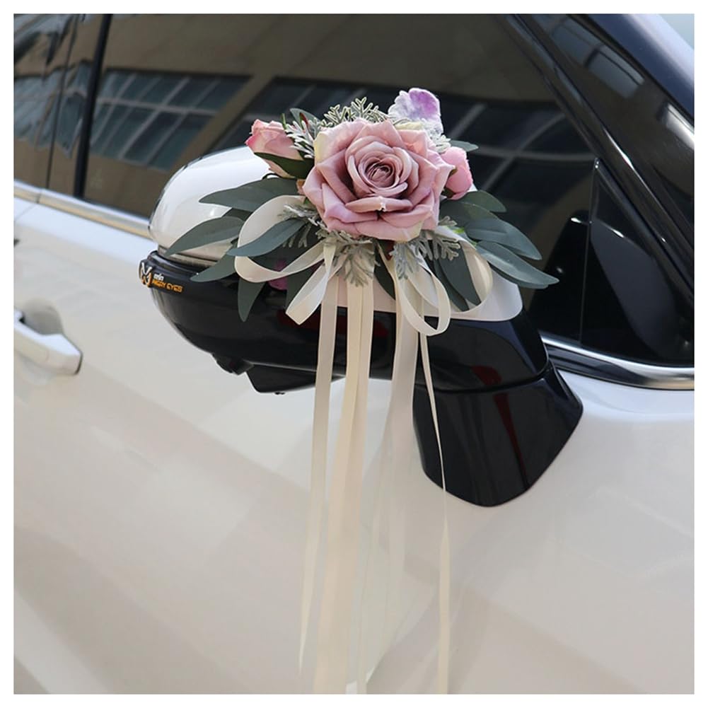Hochzeit Autoschleifen Künstliche Blume Autoschmuck Rückspiegel Türgriff Rose-Blume-Schleife Dekoration Hochzeit Stuhl Deko Hochzeitsauto Schmuck für Hochzeitsschmuck Party Creme-Pulver 6 Stück