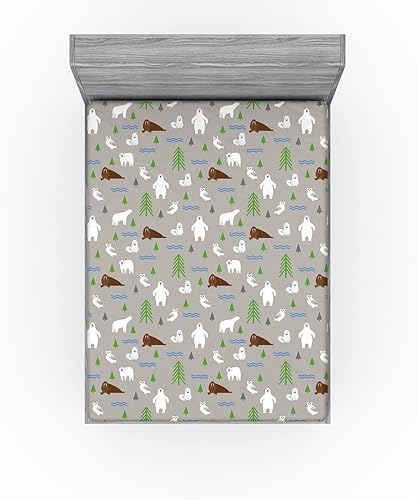 Miniatura 8 de Lunarable Sábana bajera ajustable de bosque, animales de oso polar con búho, morsa, zorro ártico, patrón de campamento de abeto, funda de cama con