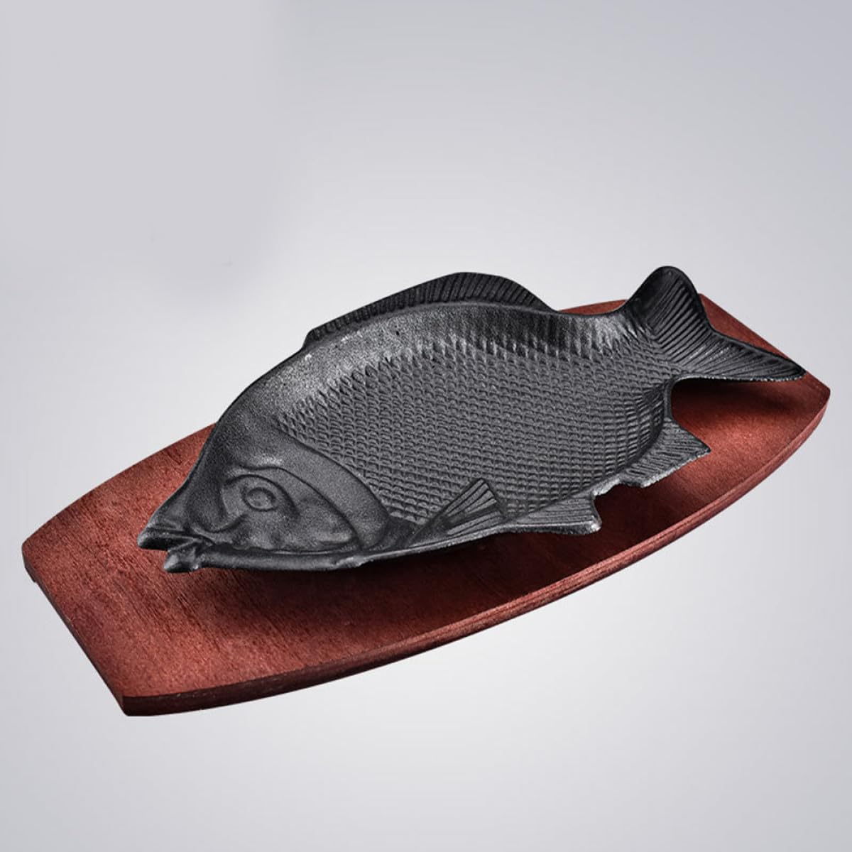 Plato para Servir Pescado en Forma de Pez de Hierro con Base de Madera Resistente al Calor y Fácil de Limpiar Adecuado para Fiestas y Restaurantes