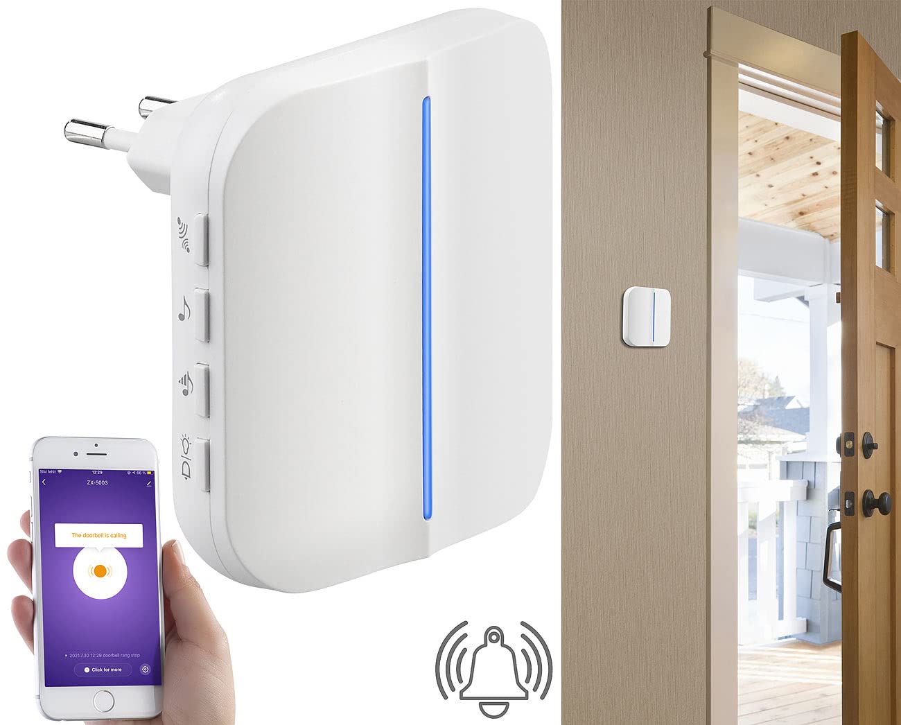 Somikon WLAN Türklingel: 2 WLAN-Steckdosen-Empfänger, kinetischer Klingelknopf, App, 100m, 80dB (Batterielose Funk Türklingel, Optische Klingel, Türklingelverstärker)