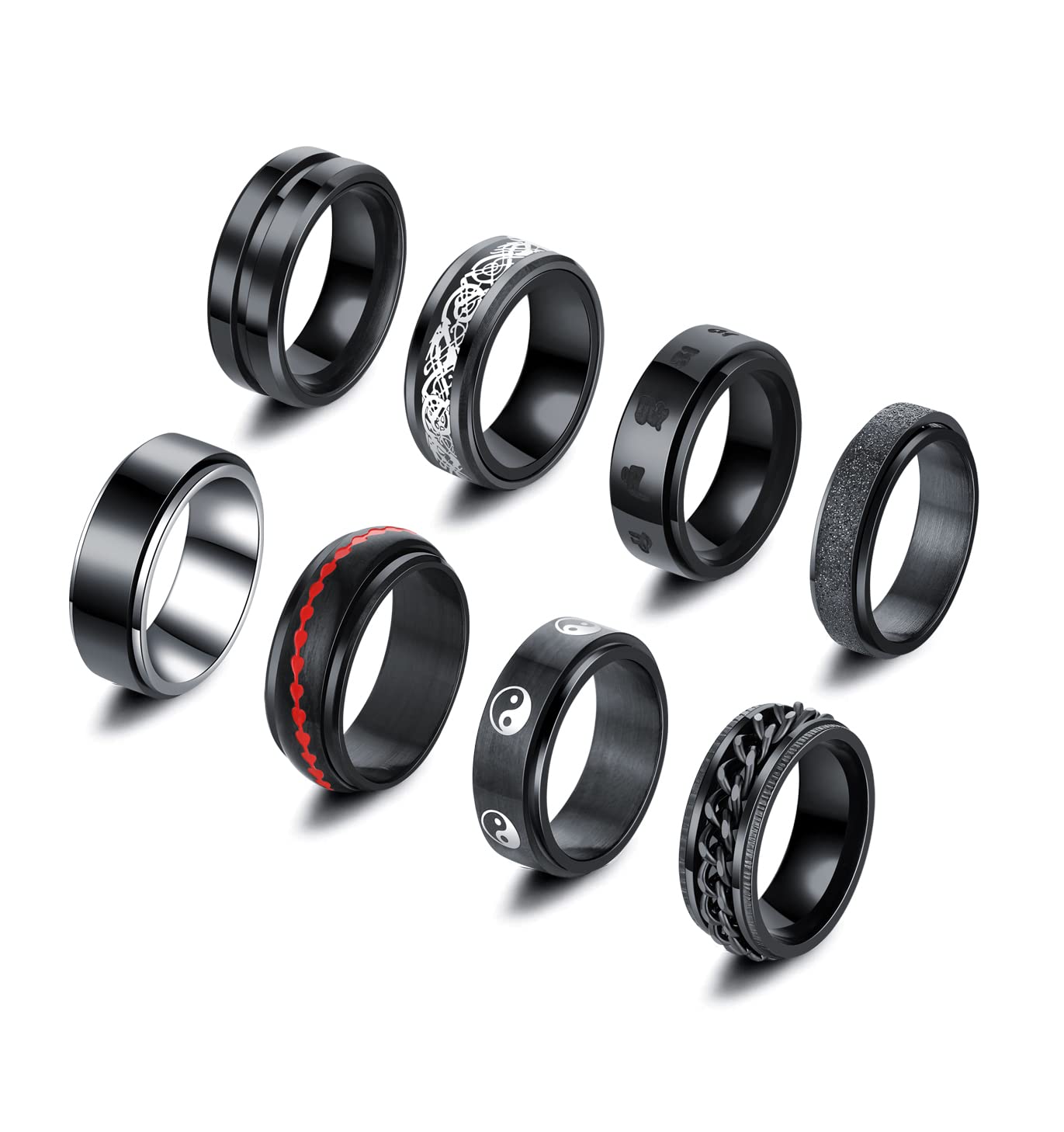 WFYOU8Pcs Black Stainless Steel Spinner Rings for Men Fidget Band Rings for Stress Relieving Fashion Cool Mens Rings Wedding Promise Fidget Ring