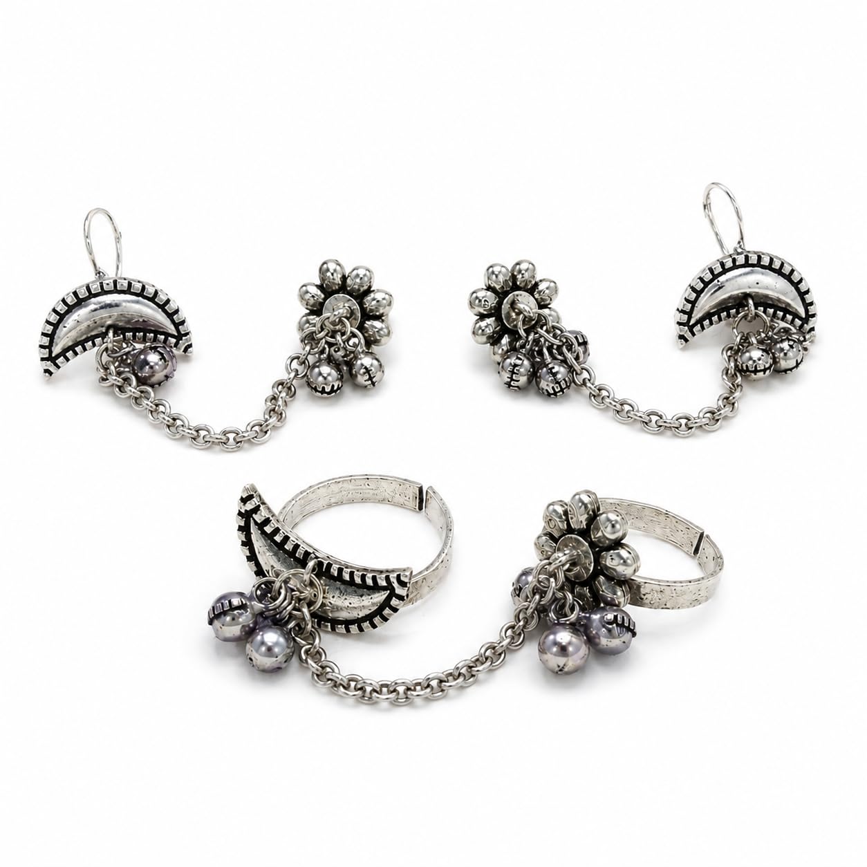Oxidized Silverlook Chain Earrings & Double Finger Ring for Women & Girls | Traditional Ethnic Boho Floral Ghungroo Design | Adjustable Statement Jewelry for Party, Festive & Daily Wear-image-28
