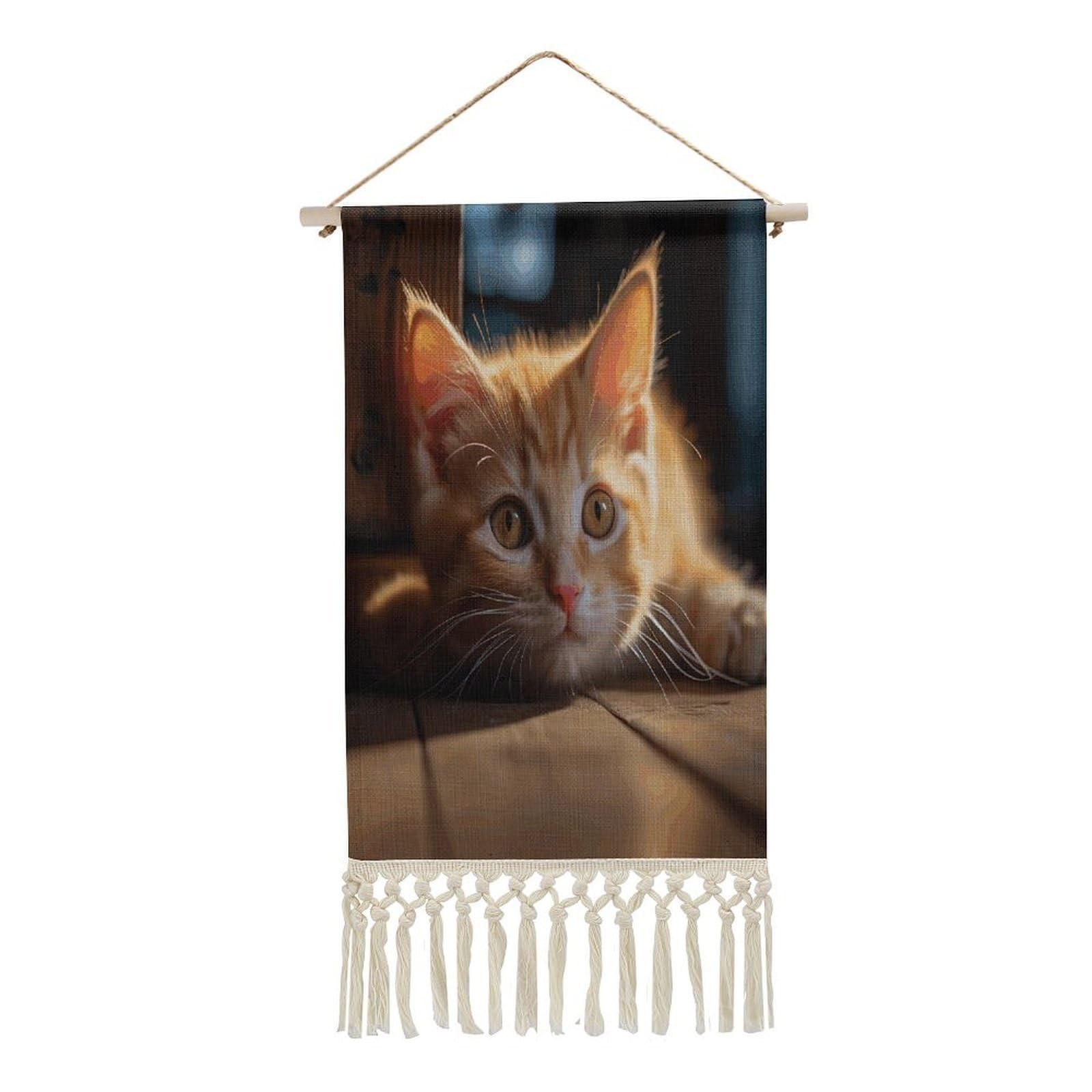 Adfgyerh Style Small Orange Cat Tapestry With Tassels Cotton And Linen Hanging Posters, Wall Art For Travel Gift, Wall Tapestry For Office Home Decor Bedroom Living Room Decor