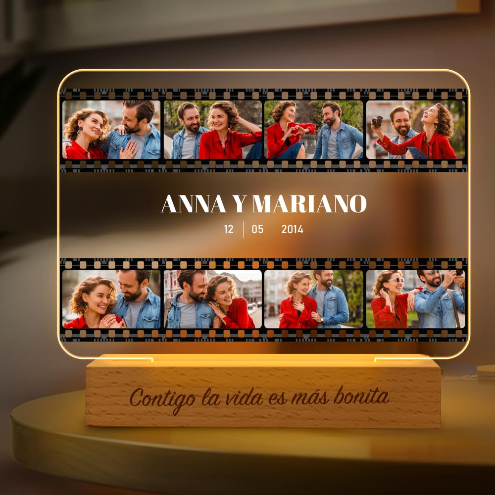 Transparent Gift Lámpara Personalizada Carrete 8 Fotos Amor. Luz LED para mesita de noche. Regalos Originales para Pare…