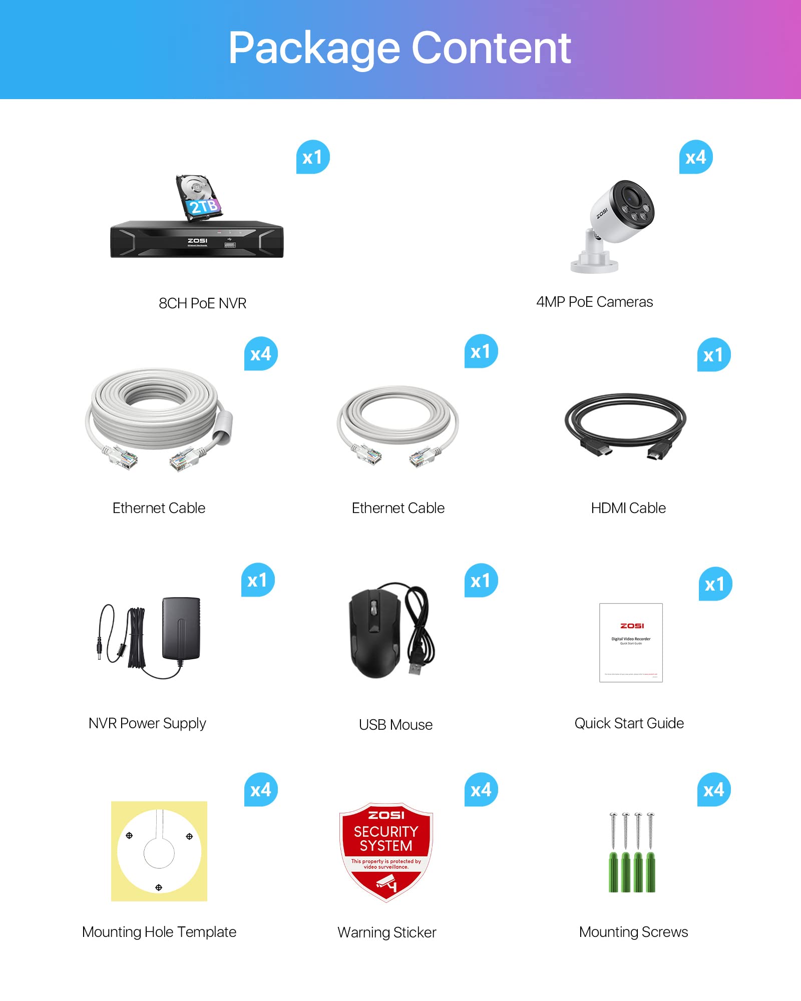 ZOSI Kit de Cámara de Vigilancia PoE 8CH 5MP Grabador NVR Sistema con 4pcs 4MP Cámara de Seguridad IP, Visión Nocturna, 2TB HDD para Grabación 24/7